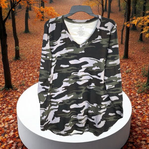 Lildy Green Gray Brown Black Camouflage 3/4 Sleeve V-Neck Tunic Shirt Women L-XL